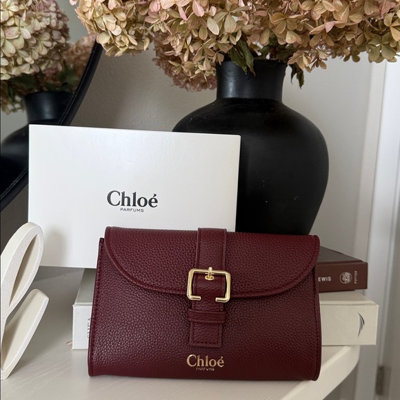 Chloe Handbags - Chloé Parfums Pebbled Burgundy Small clutch with Gold Buckle